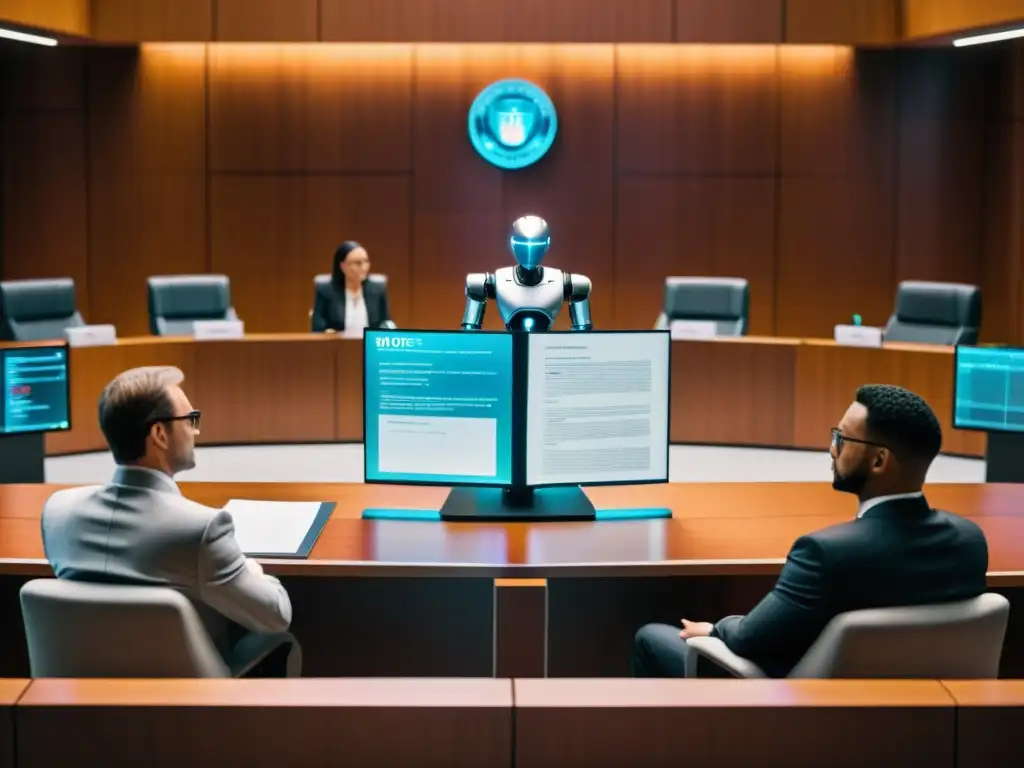 Un sofisticado tribunal futurista con humanos y androides debatiendo, rodeados de hologramas