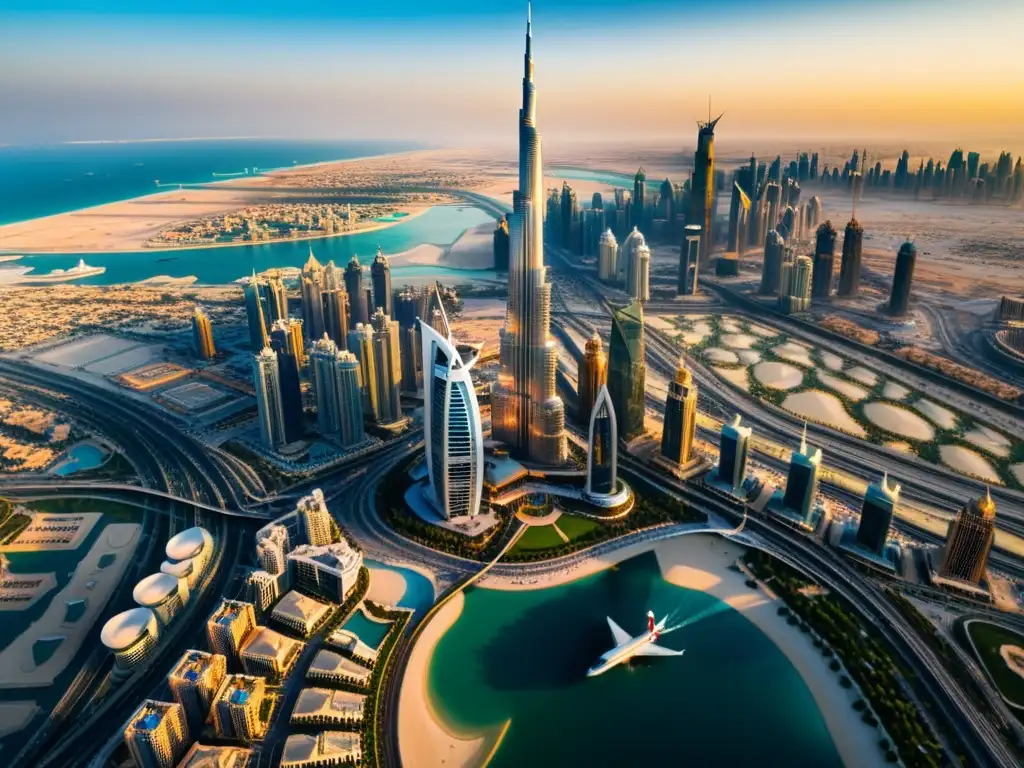 El sol se pone sobre el impresionante horizonte futurista de Dubai, con el icónico Burj Khalifa destacándose