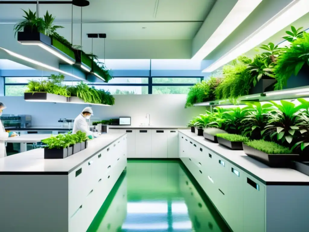 Laboratorio farmacéutico sostenible y vanguardista Innovación sostenible en patentes farmacéuticas: Laboratorio verde con tecnología moderna, científicos y naturaleza en armonía