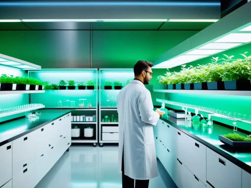 Innovación farmacéutica sostenible: laboratorio de vanguardia Innovación sostenible en patentes farmacéuticas: laboratorio moderno con científicos en batas blancas trabajando en innovación sostenible con tecnología de vanguardia y prácticas amigables con el medio ambiente