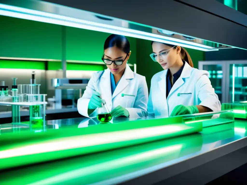 Innovación sostenible en laboratorio farmacéutico Innovación sostenible en patentes farmacéuticas: Laboratorio moderno con científicos en bata trabajando en tecnología vanguardista y prácticas verdes