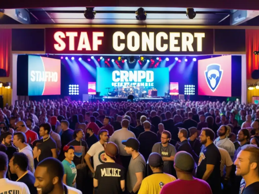 Concierto lleno de energía: mercancía y actuación en vivo Stand de merchandising en concierto: productos con logos de bandas, fans entusiastas y actuación vibrante en el escenario