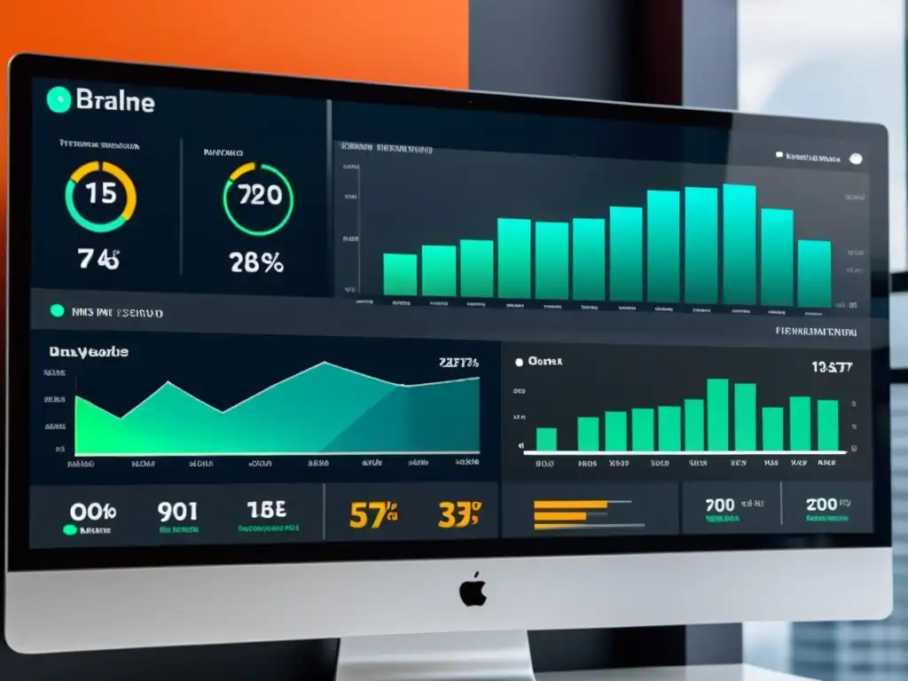 Tablero digital futurista muestra datos de monitoreo de marcas internacionales online con visualizaciones dinámicas y diseño vanguardista