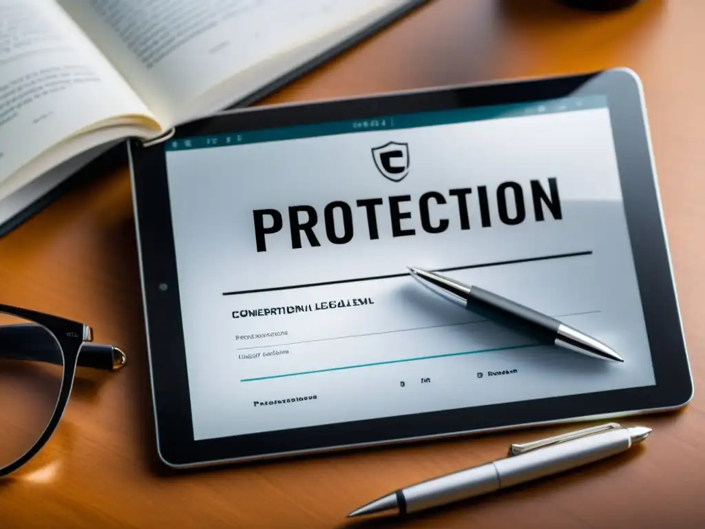 Tablet digital con protección legal para ebooks, documento legal en pantalla, pluma y gafas, en un entorno profesional luminoso y minimalista