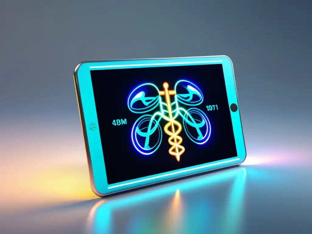 Un tablet digital muestra vibrantes símbolos de salud y marcas registradas, fusionando lo digital y la salud