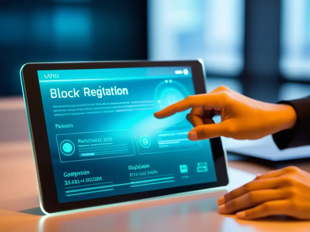 Un tablet futurista muestra el registro de patentes en blockchain en una oficina minimalista