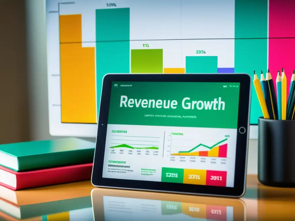 Tablet con gráfico de crecimiento de ingresos y documentos legales, simbolizando estrategias legales para la monetización de contenidos digitales