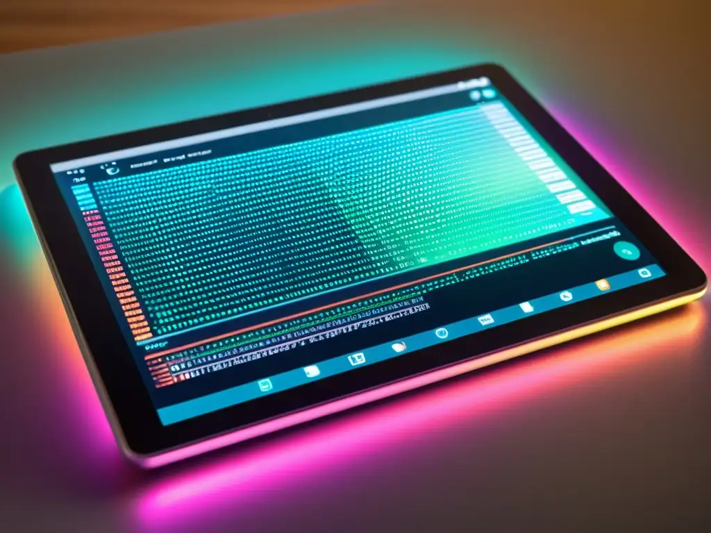 Una tableta digital muestra código y elementos de interfaz con colores vibrantes y diseño moderno, en un ambiente profesional y tecnológico