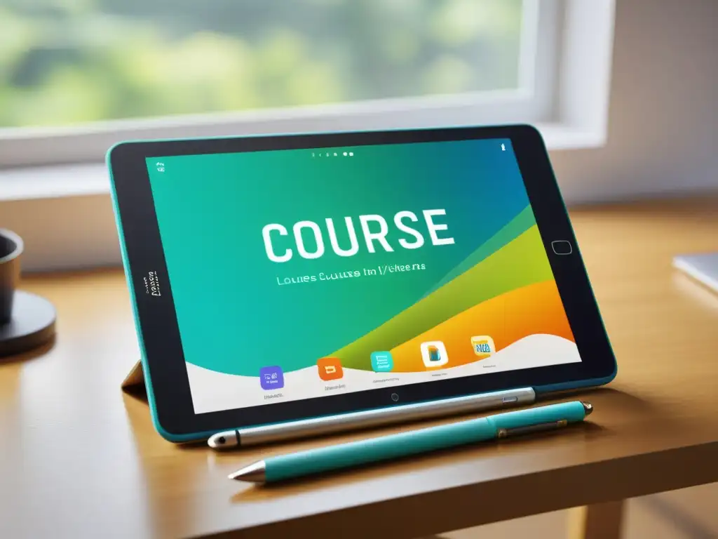 Una tableta digital muestra un curso online vibrante y moderno, evocando profesionalismo e innovación en la protección de derechos de autor