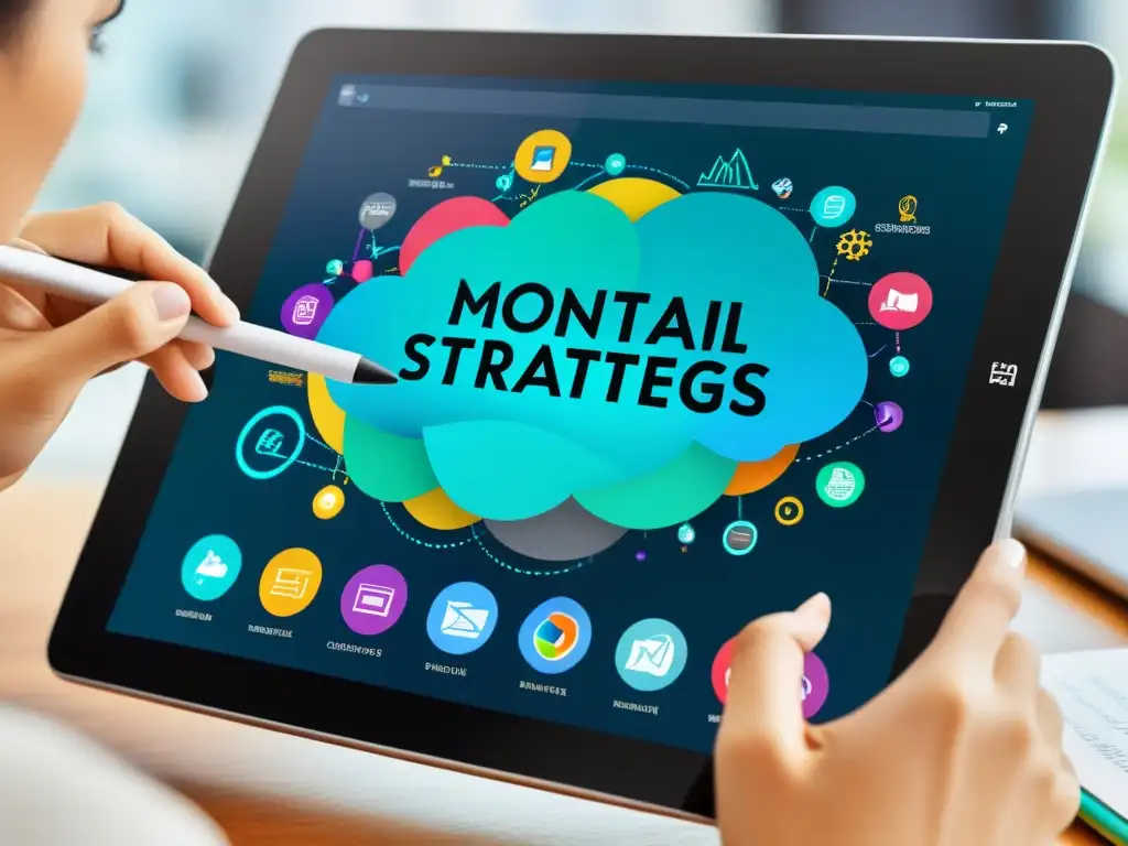 Tableta digital con ilustración detallada de estrategias legales monetización contenidos digitales, creatividad y profesionalismo