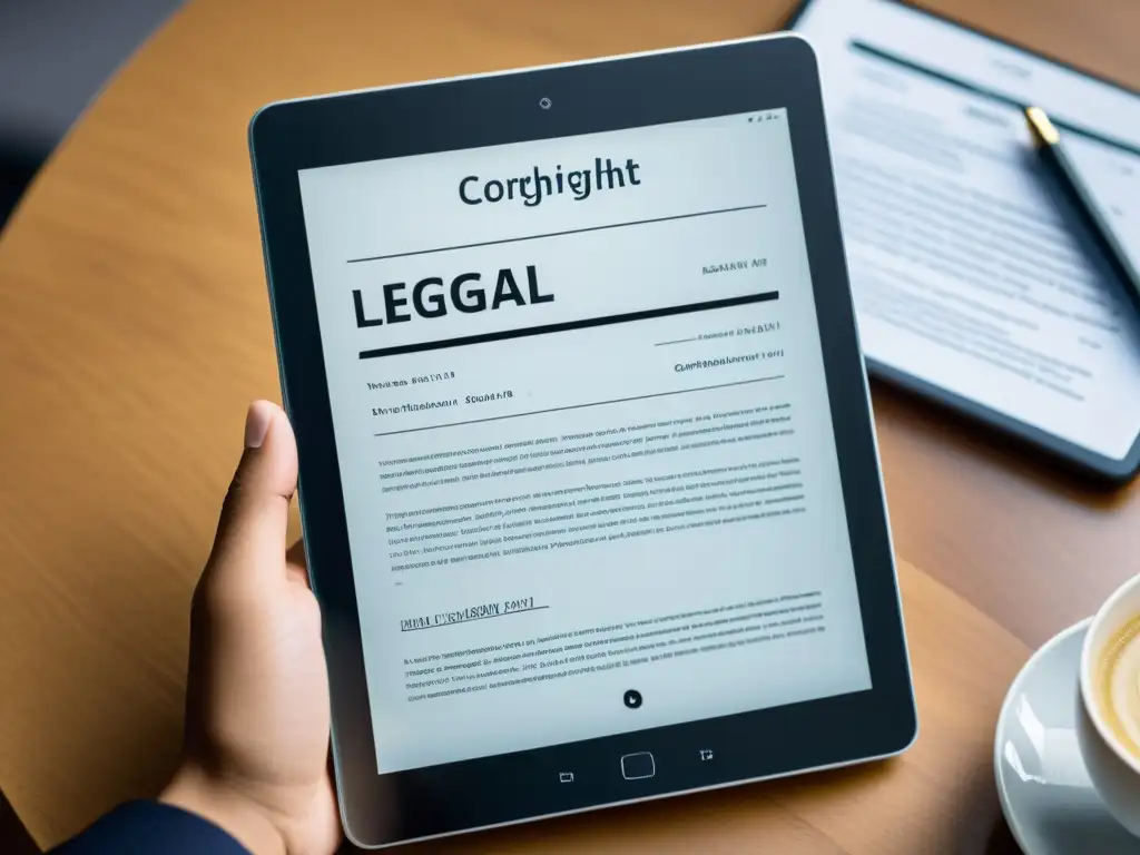 Tableta digital con documento legal mostrando protección legal para cursos online en un estilo profesional y educativo