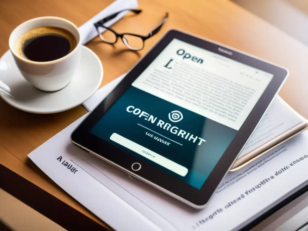 Una tableta digital con una elegante app de lectura de libros electrónicos, rodeada de documentos legales, gafas de lectura y café