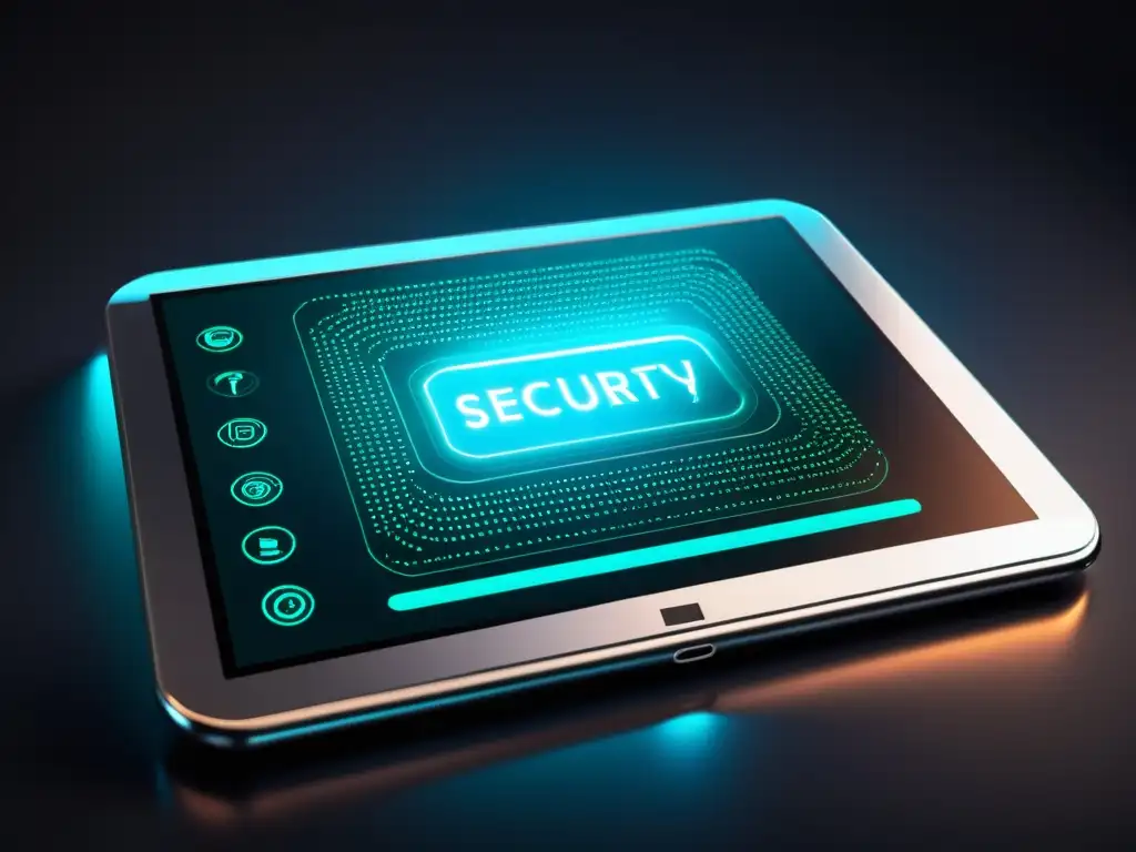 Tableta digital futurista con script encriptado y protección, sobre fondo sofisticado con líneas de seguridad