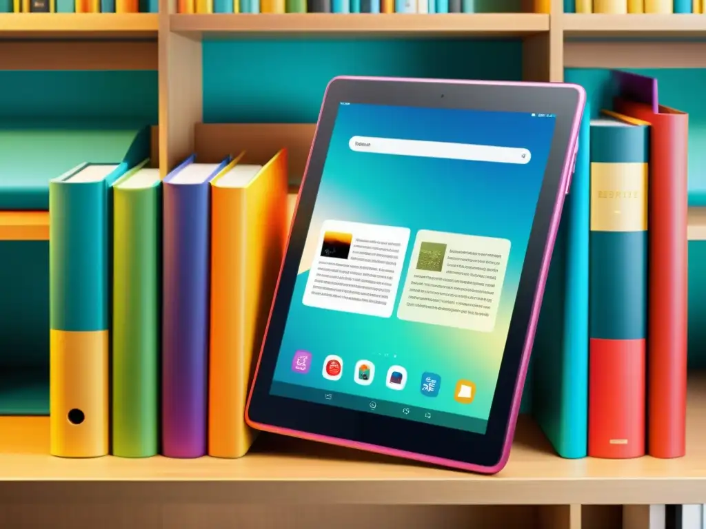 E-books vibrantes: derechos digitales en la industria editorial Tableta digital mostrando llamativas portadas de libros electrónicos, representando los derechos digitales en propiedad intelectual