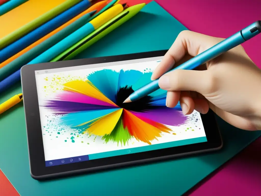 Tableta digital con obra de arte vibrante y detallada, el stylus crea la imagen