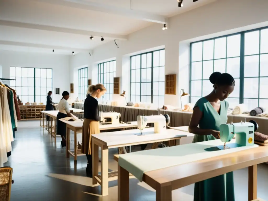 Un taller de moda sostenible con diseño de ropa elegante y artesanos trabajando en una marca sostenible propiedad intelectual