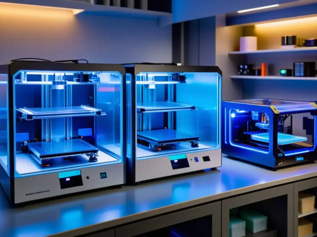 Un taller moderno iluminado donde impresoras 3D crean objetos detallados