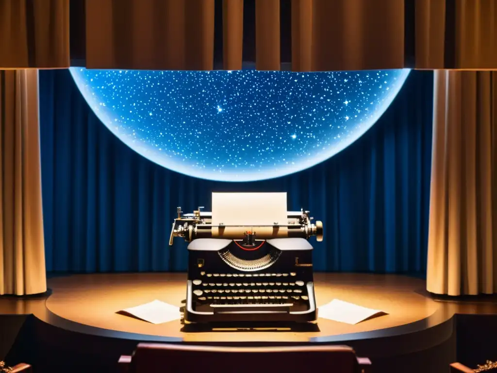 Un teatro con un foco iluminando una máquina de escribir y un cielo estrellado de fondo