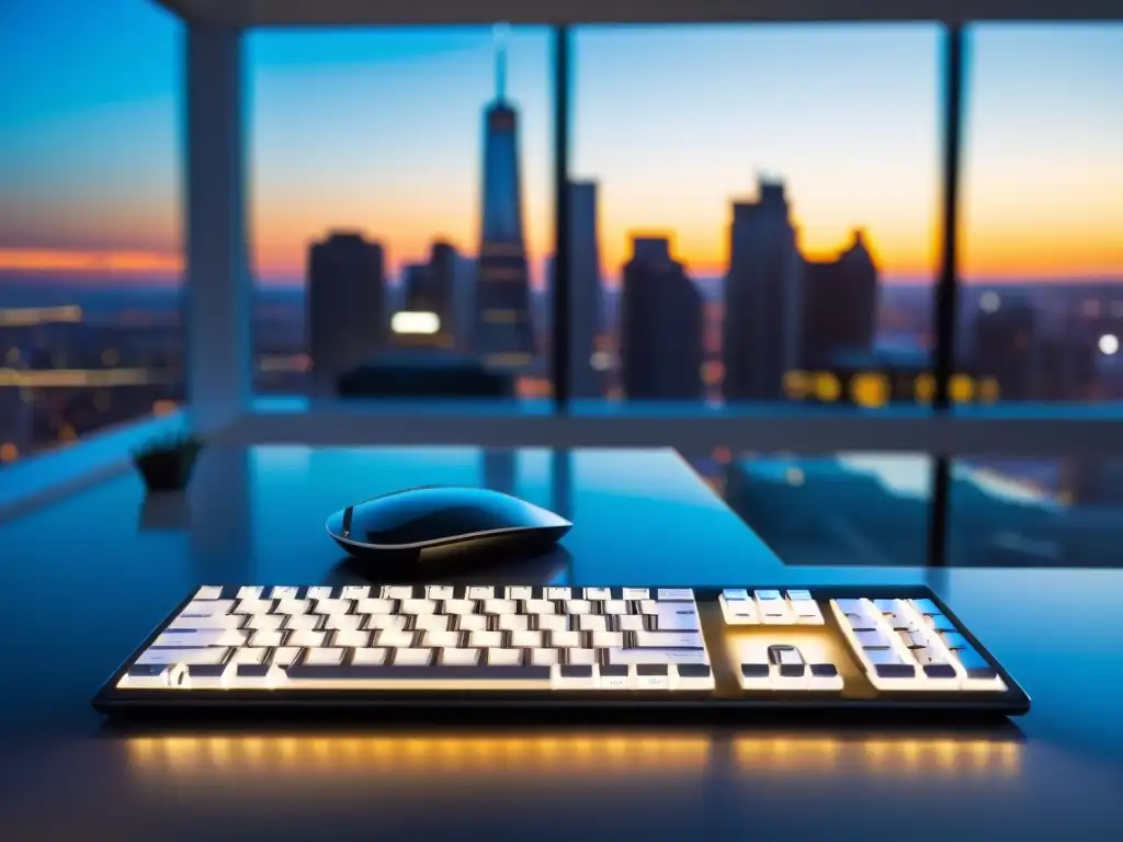 Teclado moderno iluminado en oficina contemporánea con vista a la ciudad