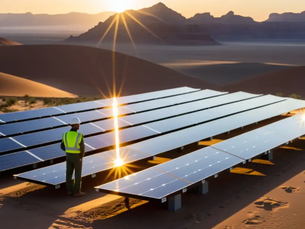 Un técnico inspecciona un campo de paneles solares en el desierto al atardecer