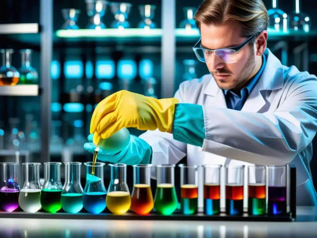 Un técnico de laboratorio manipula con cuidado un conjunto de vidrio y maquinaria, con líquidos coloridos burbujeando en varios recipientes y tubos