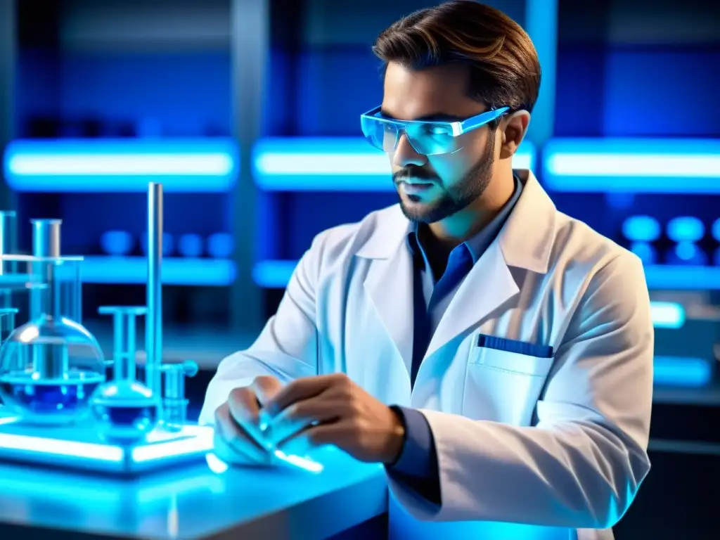 Un técnico de laboratorio utiliza equipo de biotecnología para crear nuevas patentes farmacéuticas en un entorno moderno y futurista
