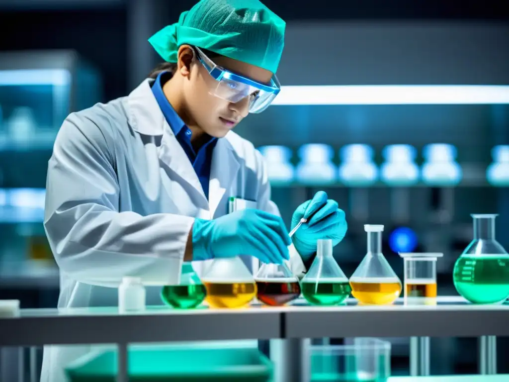 Un técnico de laboratorio farmacéutico mide y mezcla compuestos químicos en un laboratorio moderno, transmitiendo innovación y experiencia en patentes de formulación para medicamentos