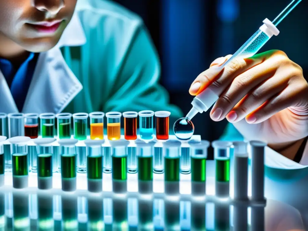 Un técnico de laboratorio pipetea cuidadosamente gotas de líquidos coloridos en un vial científico, creando un patrón hipnótico