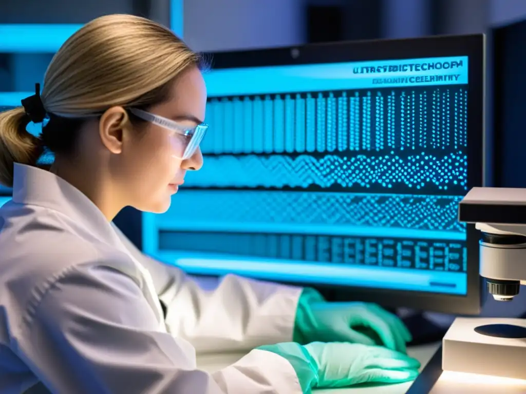 Un técnico de laboratorio manipula delicadamente hebras de ADN bajo un potente microscopio, mostrando el proceso de patentamiento en biotecnología