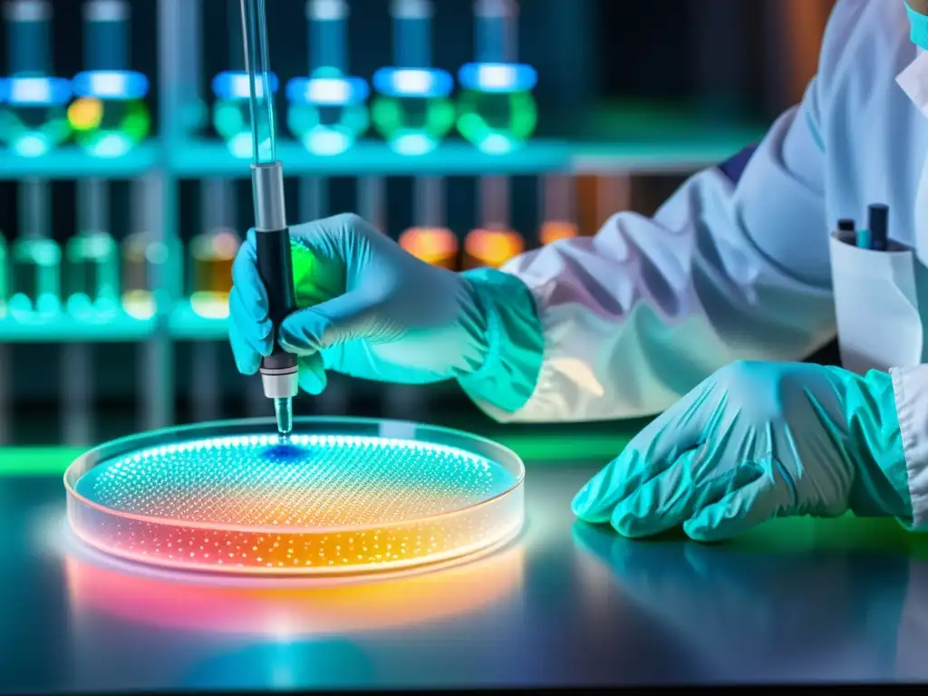 Un técnico de laboratorio en una instalación de biotecnología moderna, pipeteando una solución colorida en una placa de Petri bajo luces LED avanzadas
