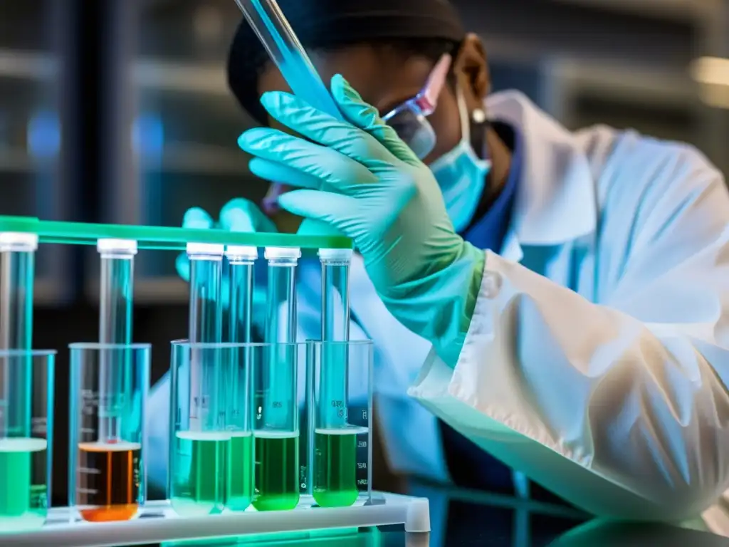 Un técnico de laboratorio pipetea líquido mientras destaca el equipo y las muestras biológicas, reflejando la vanguardia en biotecnología