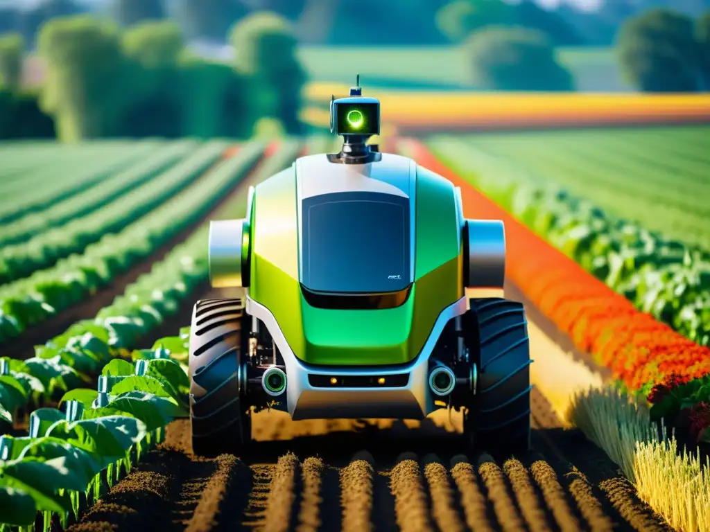 Un robot agrícola de alta tecnología en un campo verde exuberante, ilustrando el papel de la tecnología en la agricultura