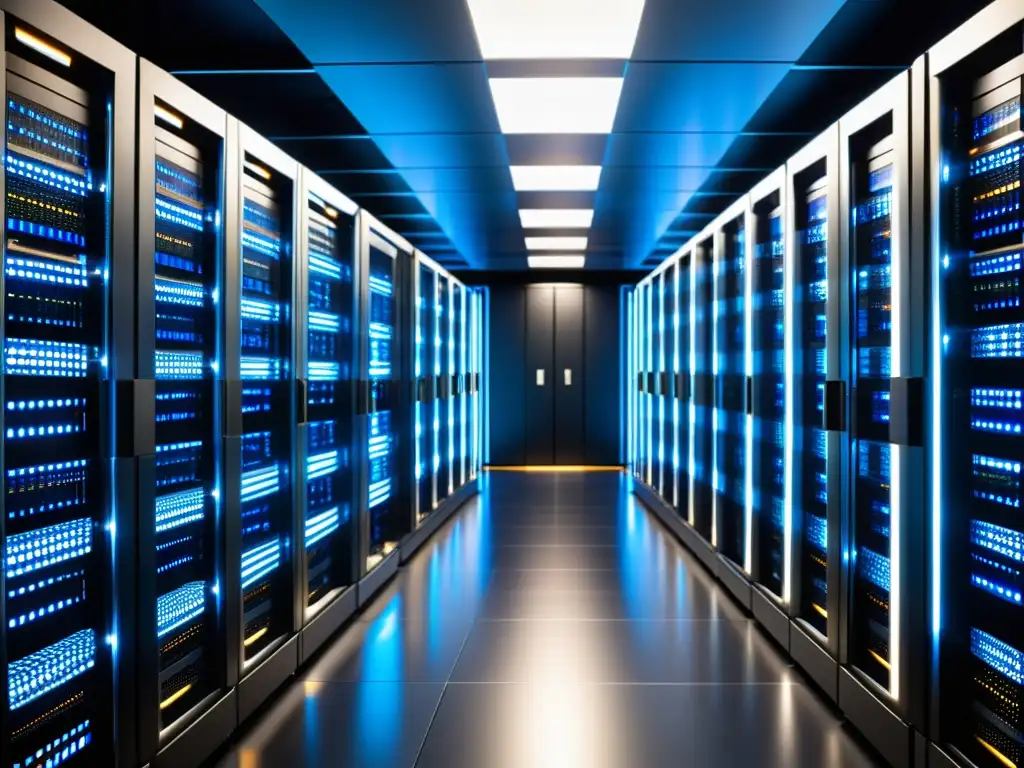 Server room de alta tecnología con servidores negros alineados en racks