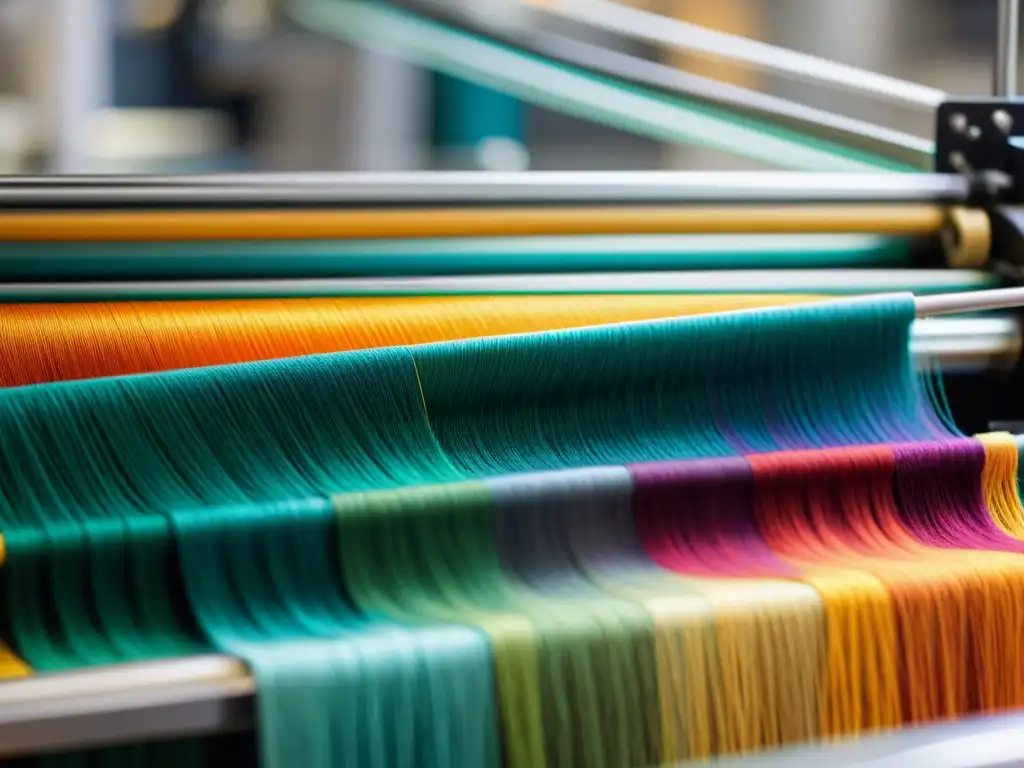 Un telar industrial moderno teje con precisión un vibrante patrón textil, destacando la protección de patrones y moldes en la industria textil