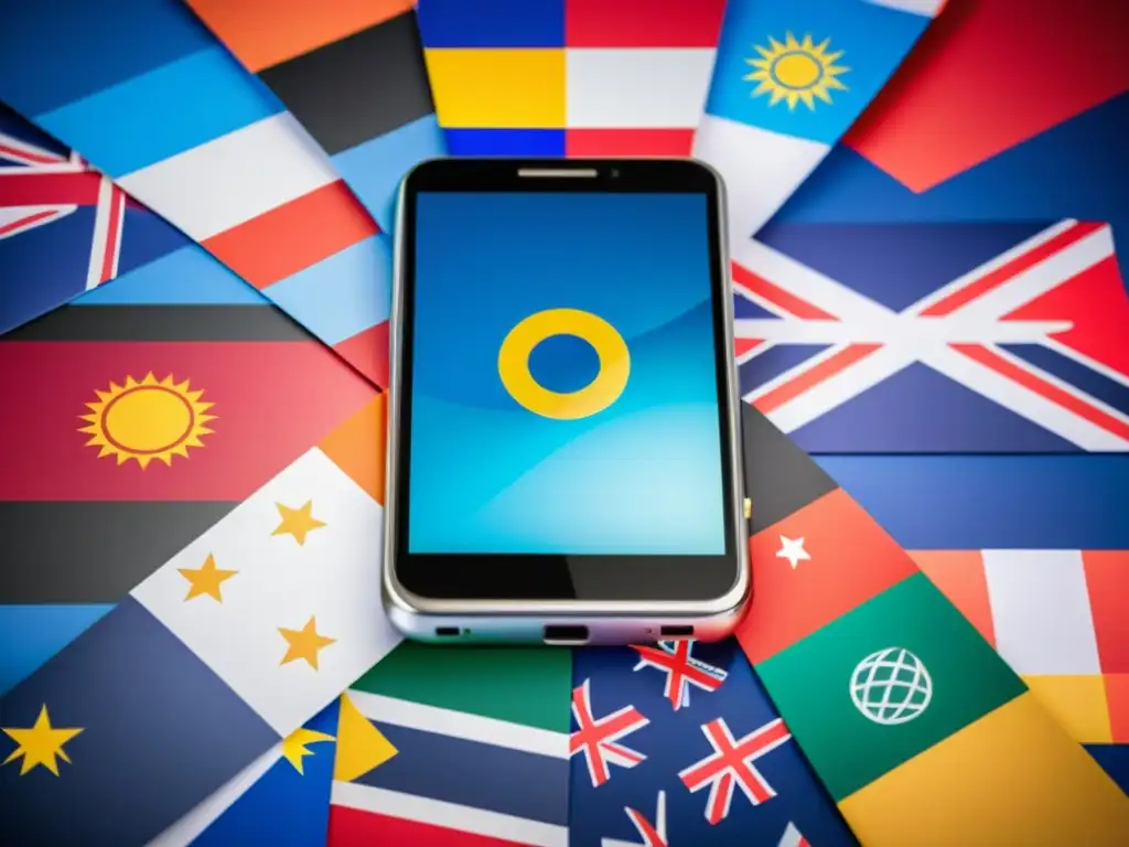 Un teléfono móvil rodeado de banderas internacionales, simbolizando la protección internacional para Apps Móviles