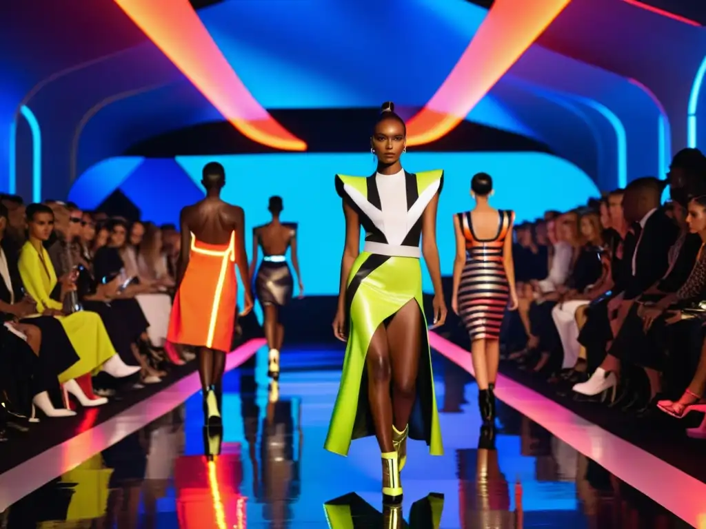 Tendencias en propiedad intelectual moda: Desfile futurista con diseños vanguardistas y luces neón impactantes
