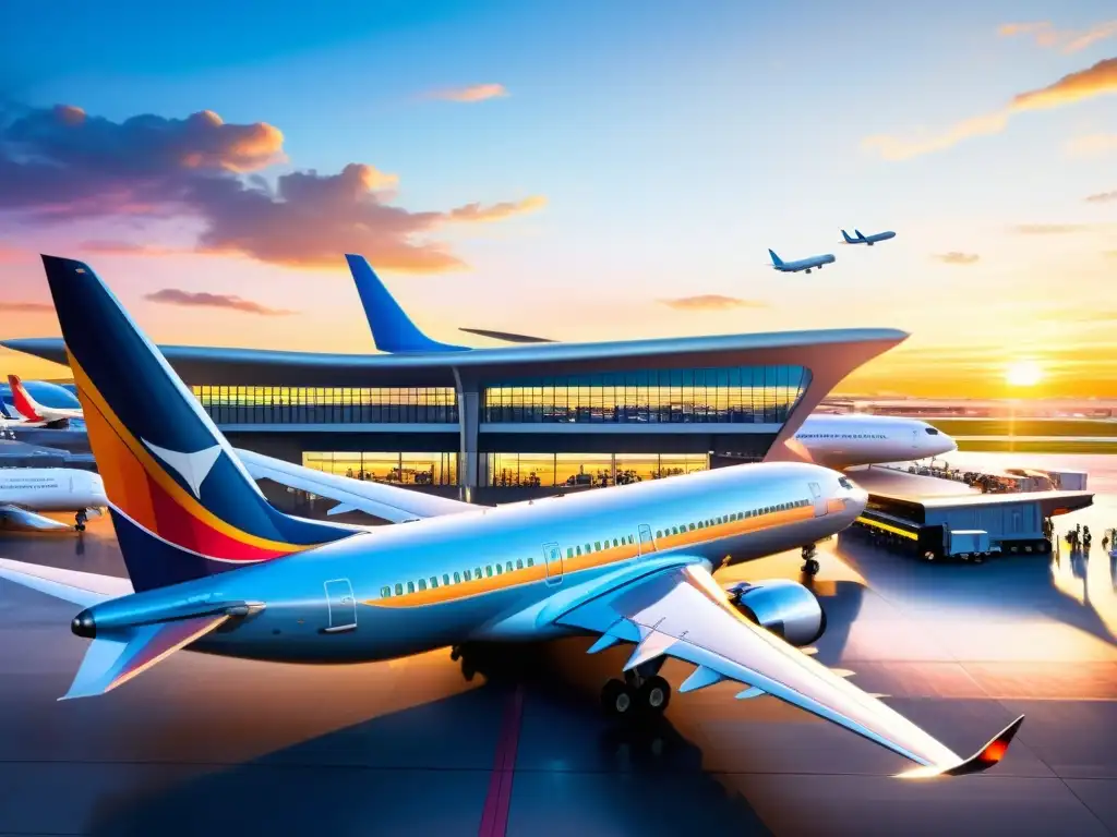 Terminal de aeropuerto internacional con viajeros de todo el mundo y aviones en la pista al amanecer, evocando la globalización y las estrategias ecommerce mercados internacionales