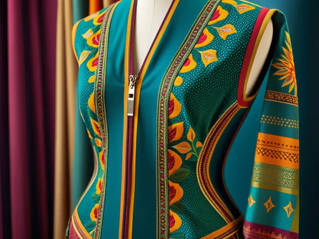 Textil vibrante con intrincados patrones y colores intensos, destacando la protección de textiles y estampados propiedad intelectual
