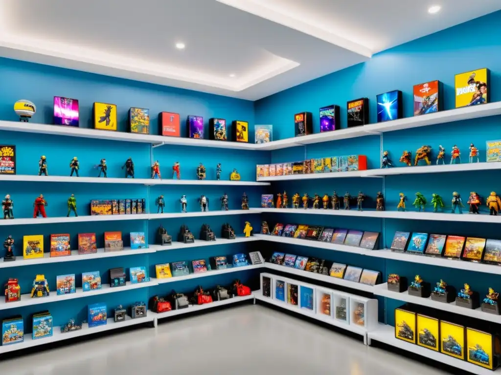 Tienda de merchandising de videojuegos: variedad y emoción Tienda de artículos de videojuegos con extensión de propiedad intelectual, productos variados y clientes interactuando en un ambiente vibrante