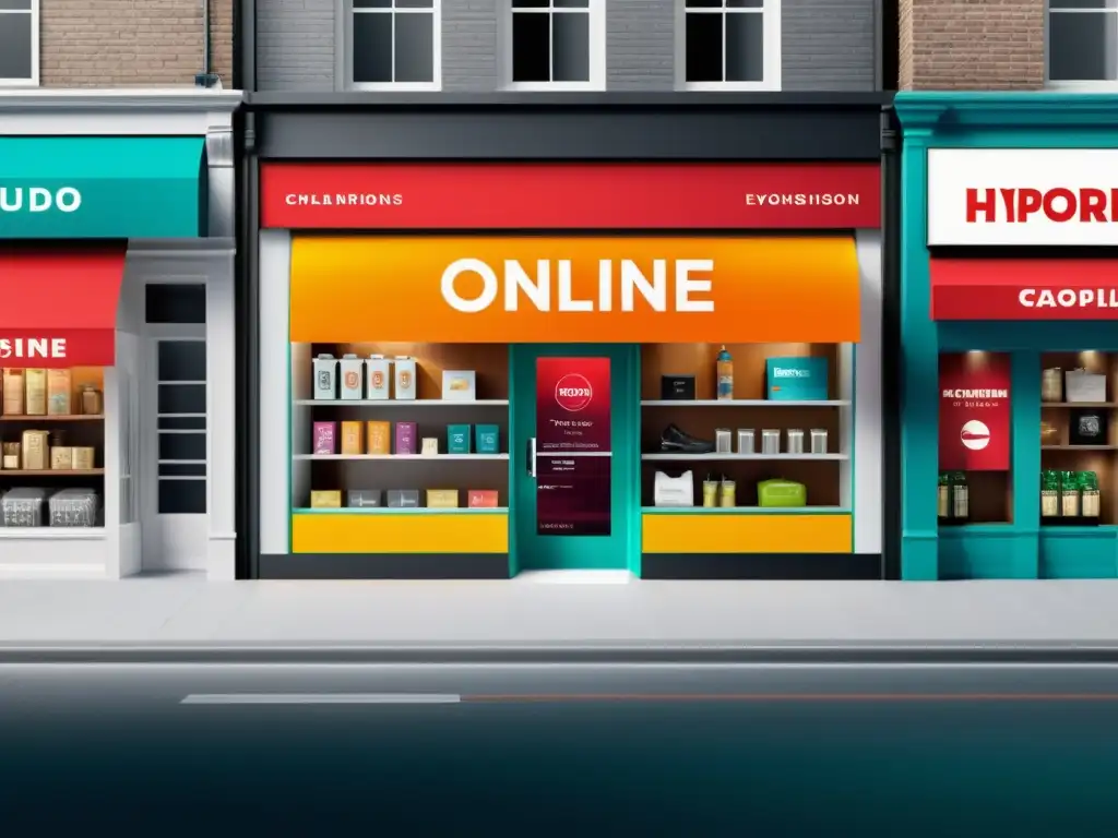 Una tienda digital moderna con branding vibrante y productos claros, rodeada de plataformas de comparación online