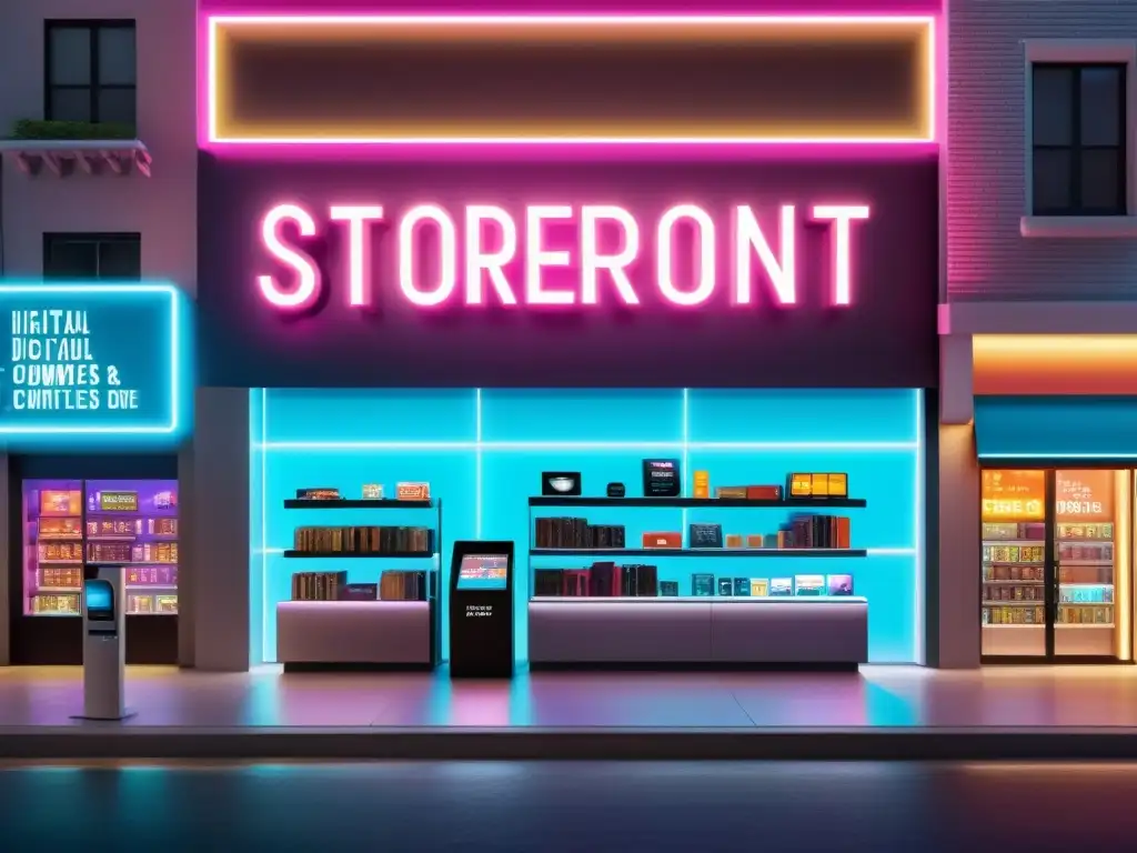 Una tienda digital moderna con productos variados y un holograma futurista, iluminada con luces de neón