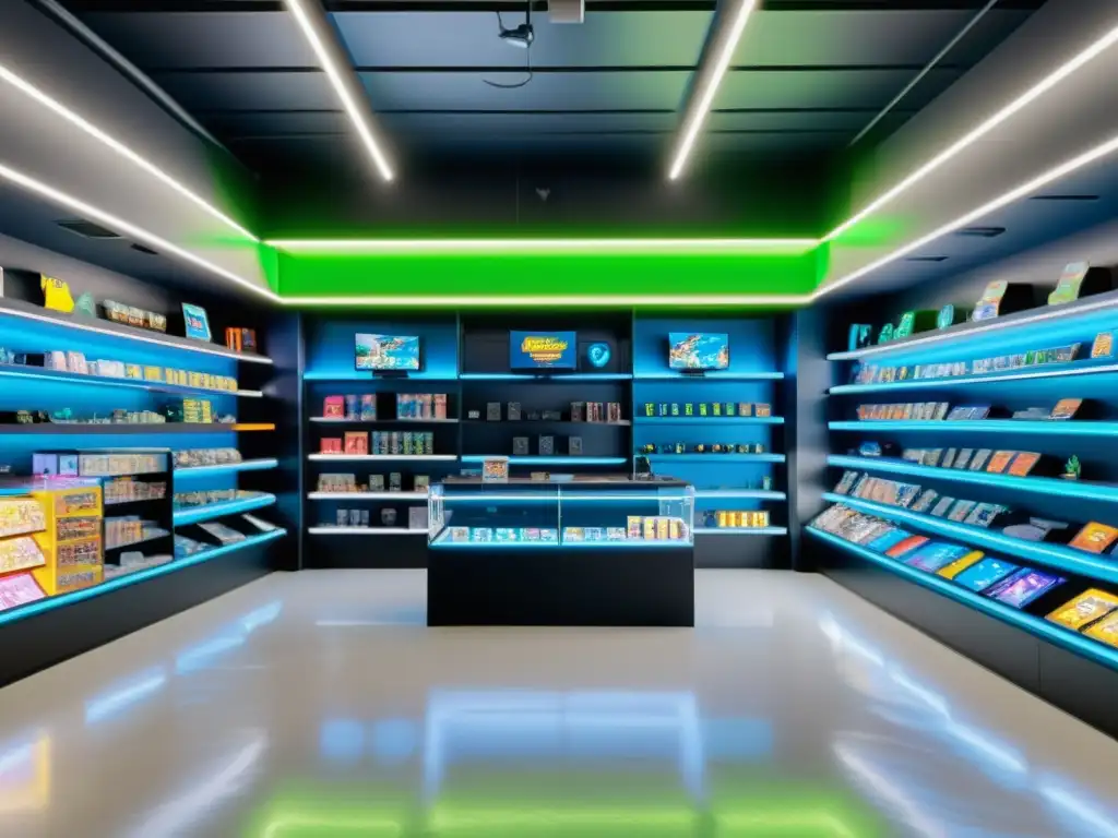 Tienda de videojuegos futurista con mercancía de franquicias populares Tienda futurista de videojuegos con mercancía variada y clientes animados