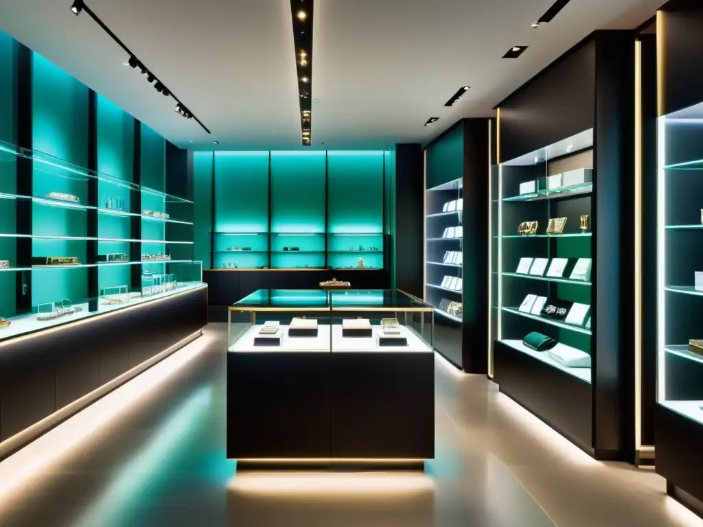 Tienda de joyería moderna en una ciudad internacional, con piezas innovadoras en vitrinas de vidrio