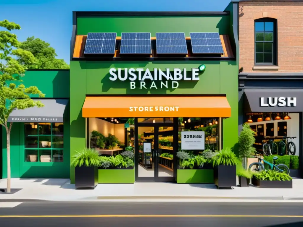Tienda de marca sostenible con diseño moderno, letreros ecológicos, vegetación exuberante y consumidores conscientes del medio ambiente
