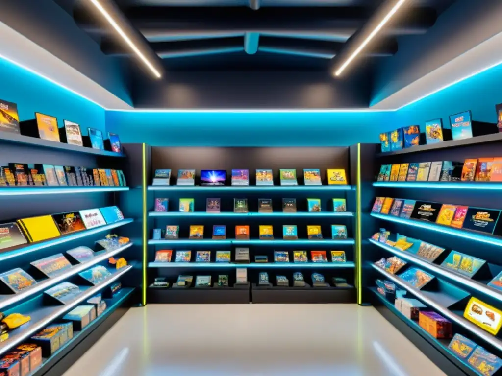 Tienda de videojuegos: productos oficiales vibrantes y modernos Tienda de merchandising de videojuegos con productos vibrantes y licenciados, fusionando la propiedad intelectual con artículos físicos
