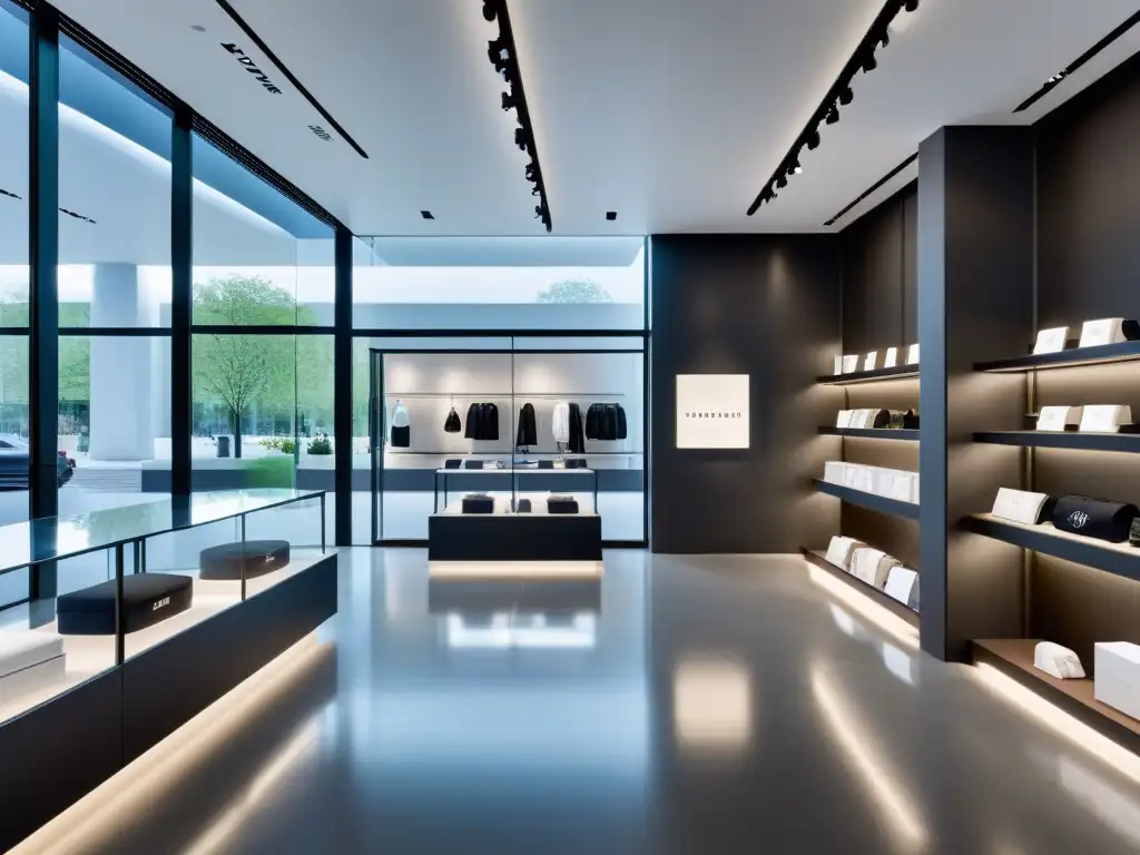 Una tienda de moda moderna y elegante con packaging minimalista en exhibición, mostrando el impacto del packaging en marcas de moda