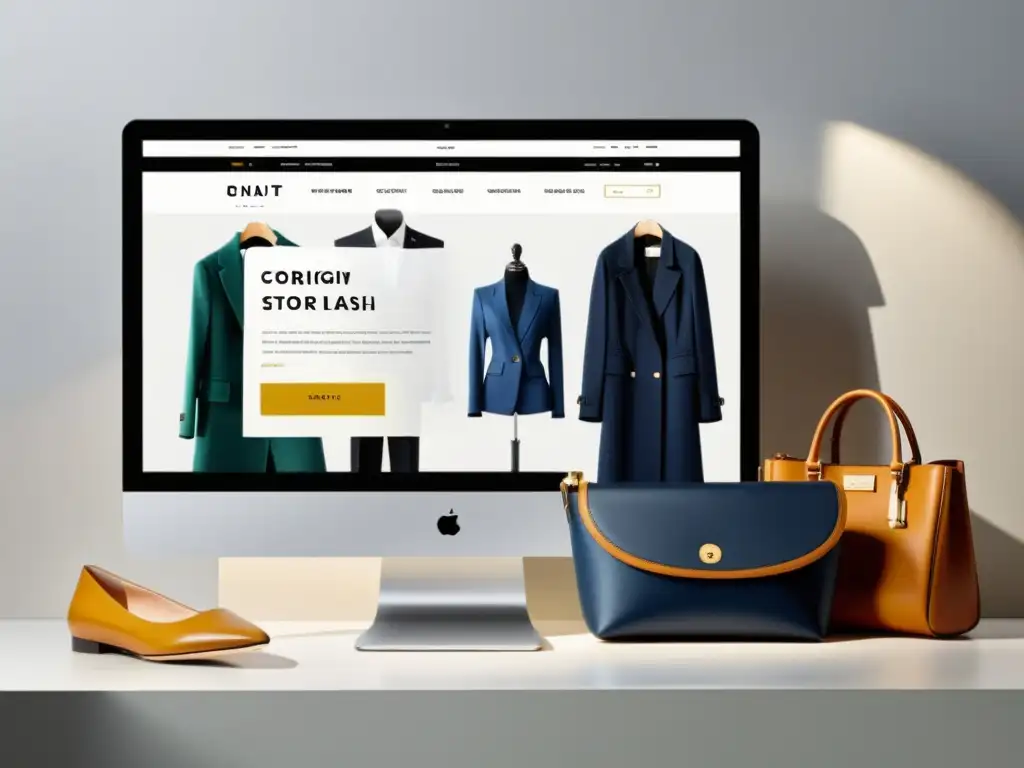 Tienda de moda online moderna con etiquetas claras que cumplen normativas etiquetas moda online, mostrando prendas y accesorios elegantes