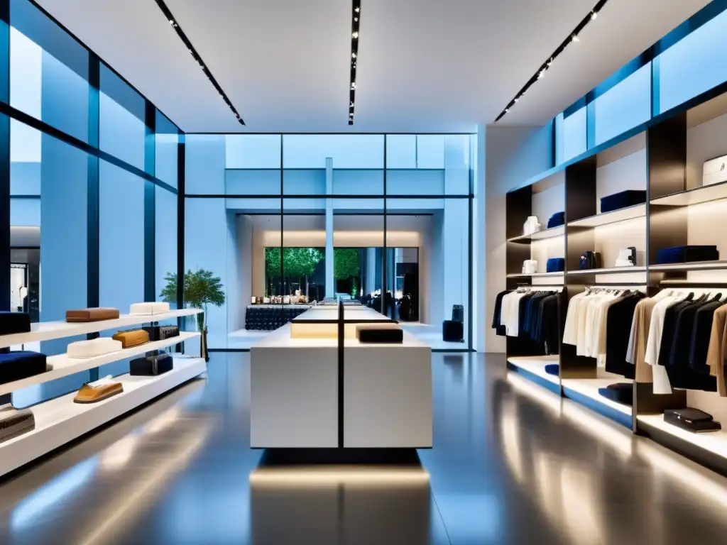 Tienda de moda moderna y exclusiva con decoración minimalista y elementos de marca lujosos, reflejando el éxito y la exclusividad