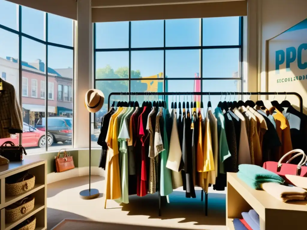 Tienda de moda de segunda mano con prendas vintage organizadas por color y categoría