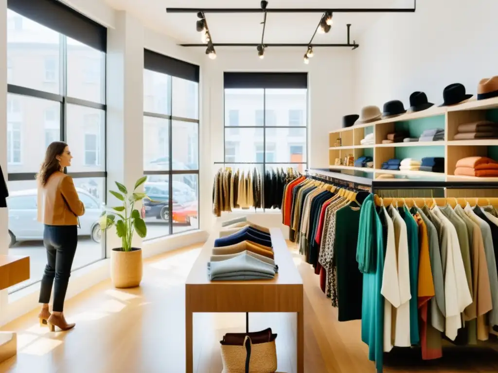 Una tienda de moda de segunda mano con ropa sostenible y organizada, reflejando la propiedad intelectual en un ambiente acogedor y moderno